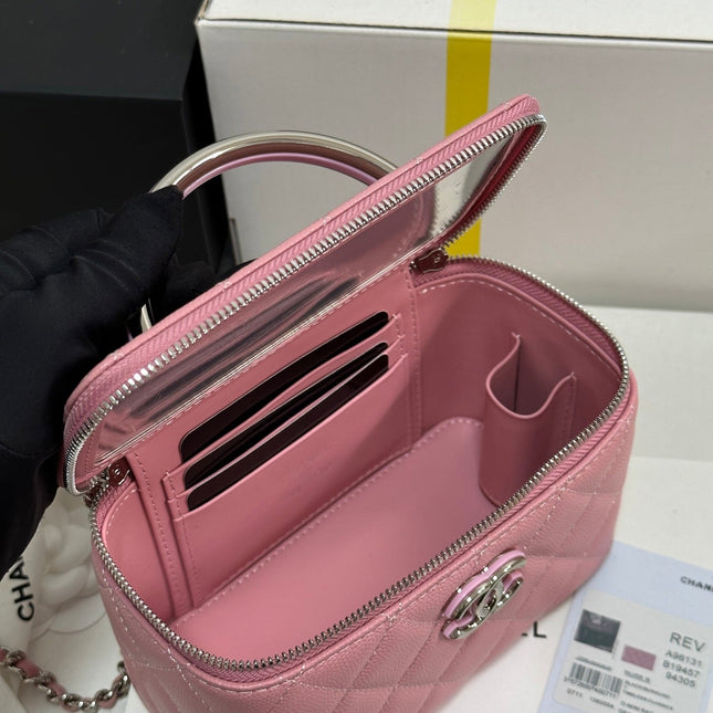 MINI VANITY TOP HANDLE CASE 17 IN PINK CAVIAR SKIN SILVER-TONE PLATED METAL