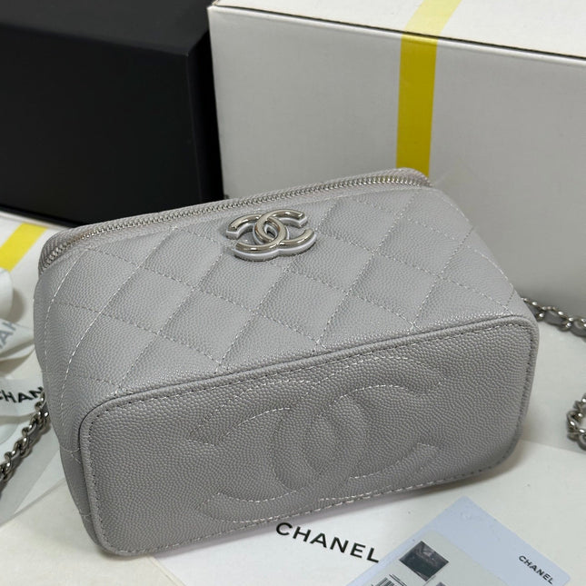 MINI VANITY TOP HANDLE CASE 17 IN GREY CAVIAR SKIN SILVER-TONE PLATED METAL