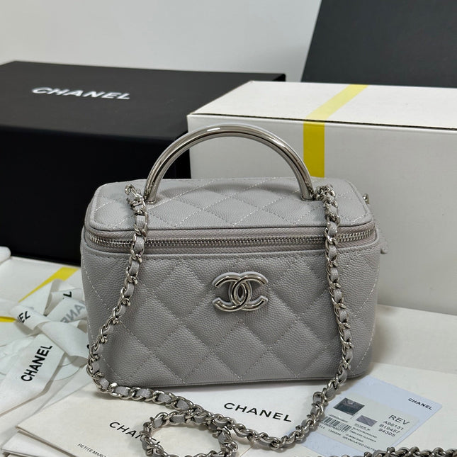 MINI VANITY TOP HANDLE CASE 17 IN GREY CAVIAR SKIN SILVER-TONE PLATED METAL