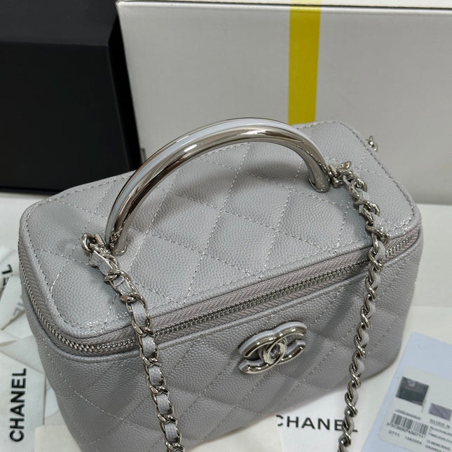 MINI VANITY TOP HANDLE CASE 17 IN GREY CAVIAR SKIN SILVER-TONE PLATED METAL