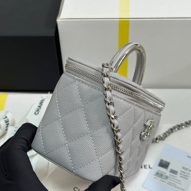 MINI VANITY TOP HANDLE CASE 17 IN GREY CAVIAR SKIN SILVER-TONE PLATED METAL