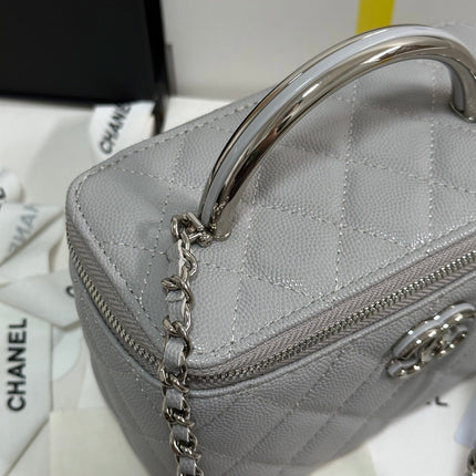 MINI VANITY TOP HANDLE CASE 17 IN GREY CAVIAR SKIN SILVER-TONE PLATED METAL