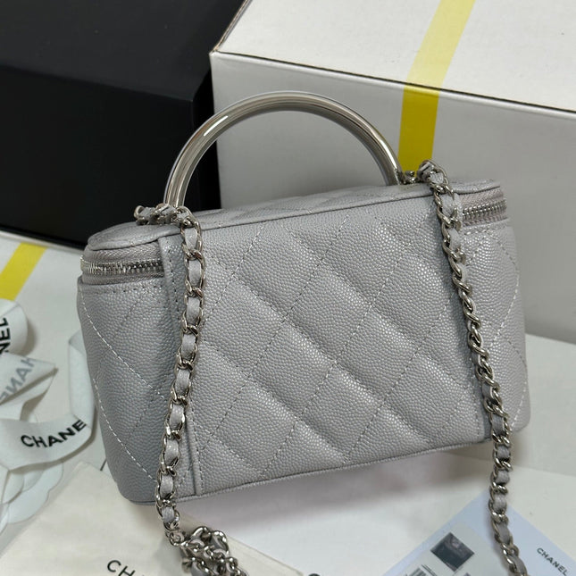 MINI VANITY TOP HANDLE CASE 17 IN GREY CAVIAR SKIN SILVER-TONE PLATED METAL