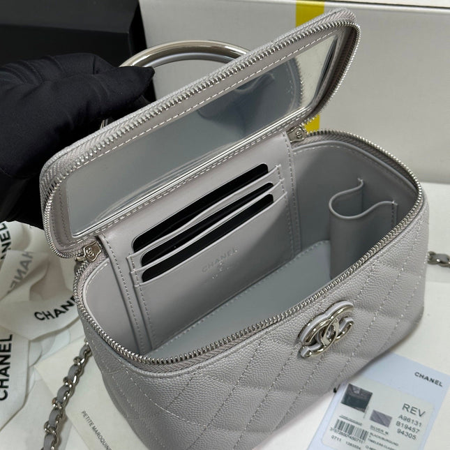 MINI VANITY TOP HANDLE CASE 17 IN GREY CAVIAR SKIN SILVER-TONE PLATED METAL