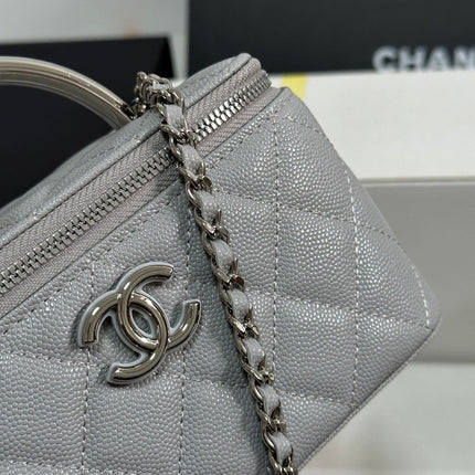 MINI VANITY TOP HANDLE CASE 17 IN GREY CAVIAR SKIN SILVER-TONE PLATED METAL