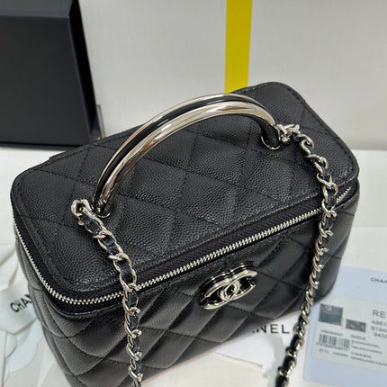 MINI VANITY TOP HANDLE CASE 17 IN BLACK CAVIAR SKIN SILVER-TONE PLATED METAL