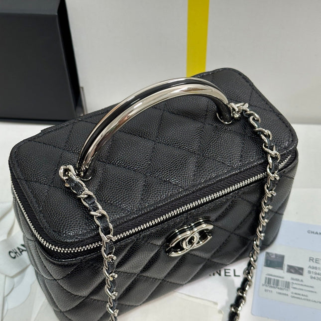 MINI VANITY TOP HANDLE CASE 17 IN BLACK CAVIAR SKIN SILVER-TONE PLATED METAL