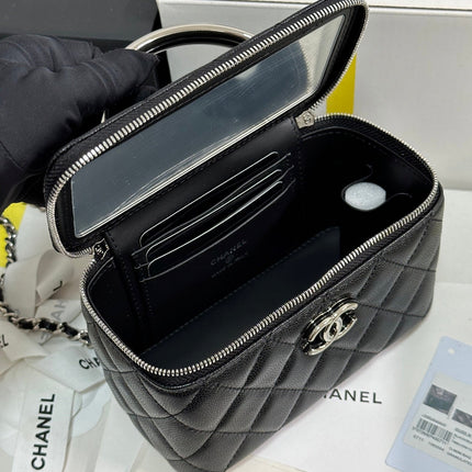 MINI VANITY TOP HANDLE CASE 17 IN BLACK CAVIAR SKIN SILVER-TONE PLATED METAL