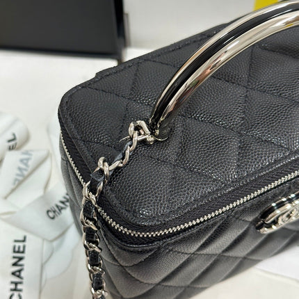 MINI VANITY TOP HANDLE CASE 17 IN BLACK CAVIAR SKIN SILVER-TONE PLATED METAL