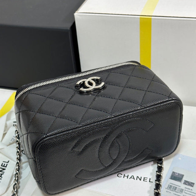 MINI VANITY TOP HANDLE CASE 17 IN BLACK CAVIAR SKIN SILVER-TONE PLATED METAL