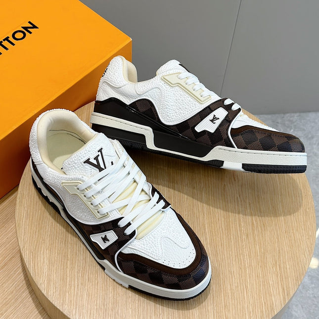LV TRAINER CHOCOLATE BROWN DAMIER MIX WHITE GRAINED CALFSKIN