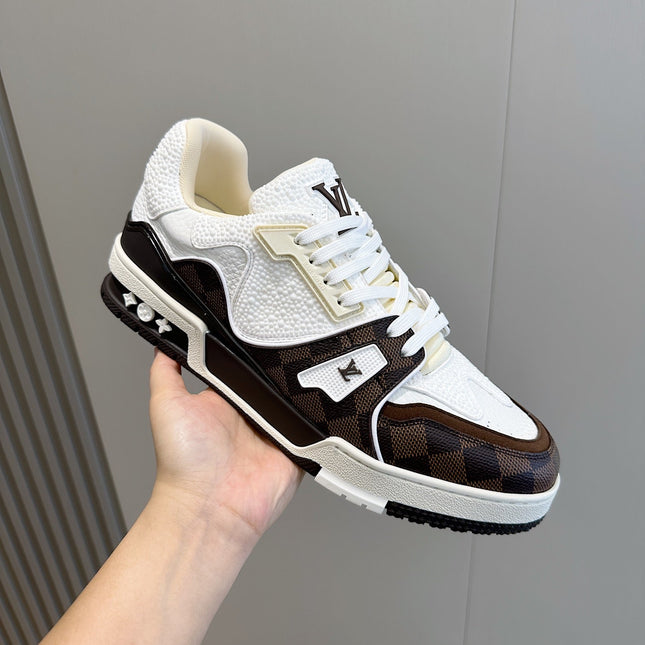 LV TRAINER CHOCOLATE BROWN DAMIER MIX WHITE GRAINED CALFSKIN