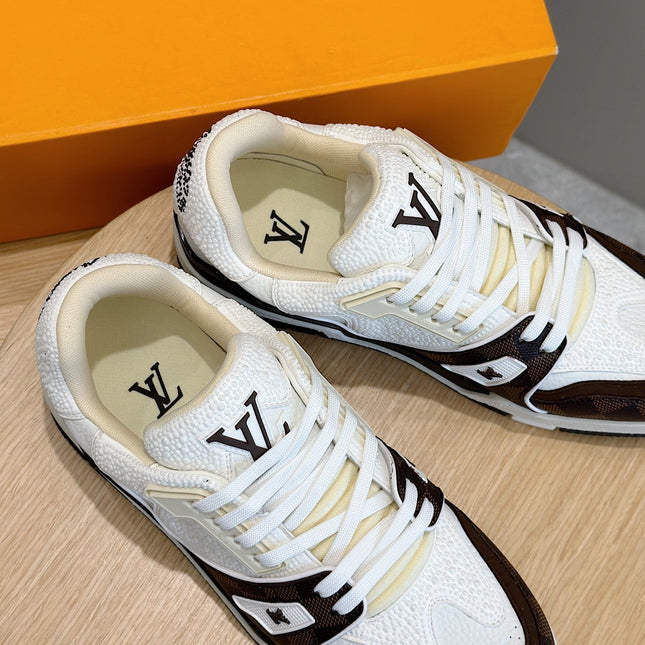 LV TRAINER CHOCOLATE BROWN DAMIER MIX WHITE GRAINED CALFSKIN