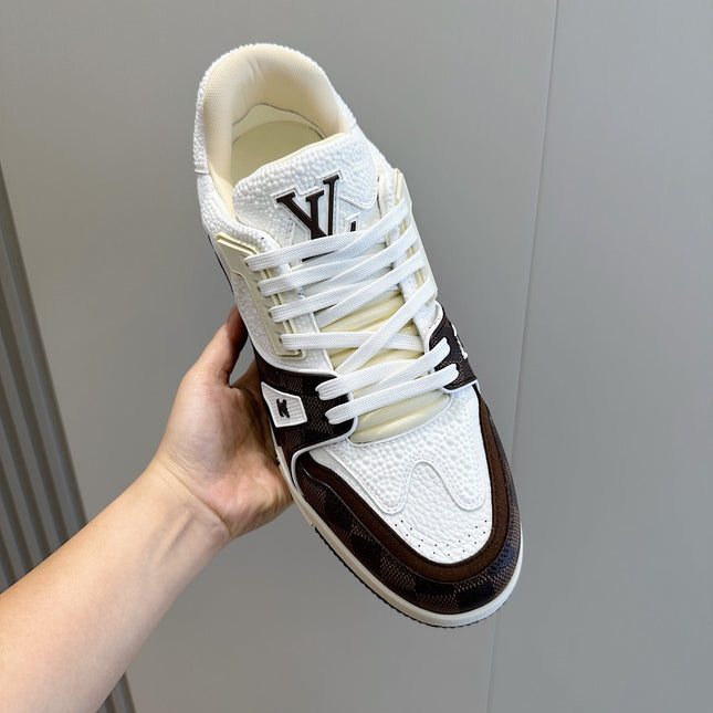 LV TRAINER CHOCOLATE BROWN DAMIER MIX WHITE GRAINED CALFSKIN