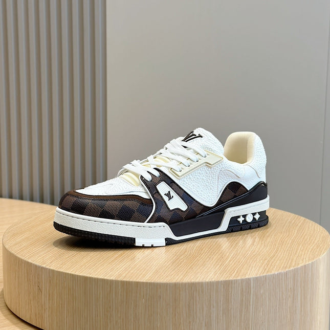 LV TRAINER CHOCOLATE BROWN DAMIER MIX WHITE GRAINED CALFSKIN