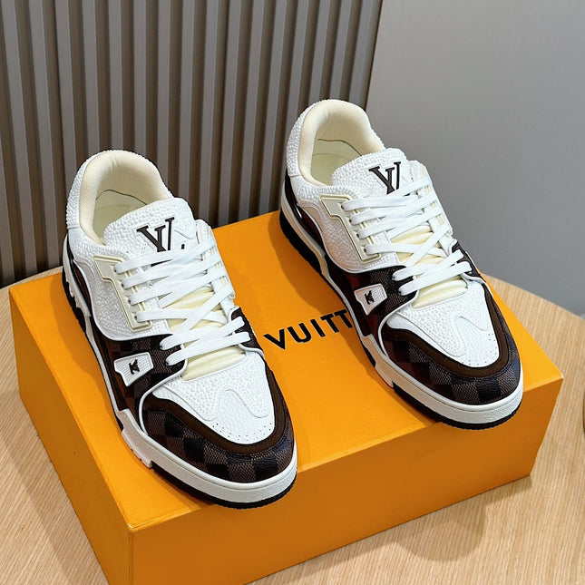 LV TRAINER CHOCOLATE BROWN DAMIER MIX WHITE GRAINED CALFSKIN