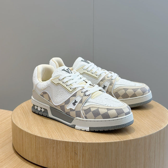 LV TRAINER BEIGE CREAM DAMIER MIX WHITE GRAINED CALFSKIN