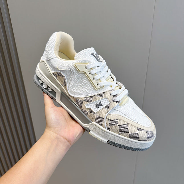 LV TRAINER BEIGE CREAM DAMIER MIX WHITE GRAINED CALFSKIN