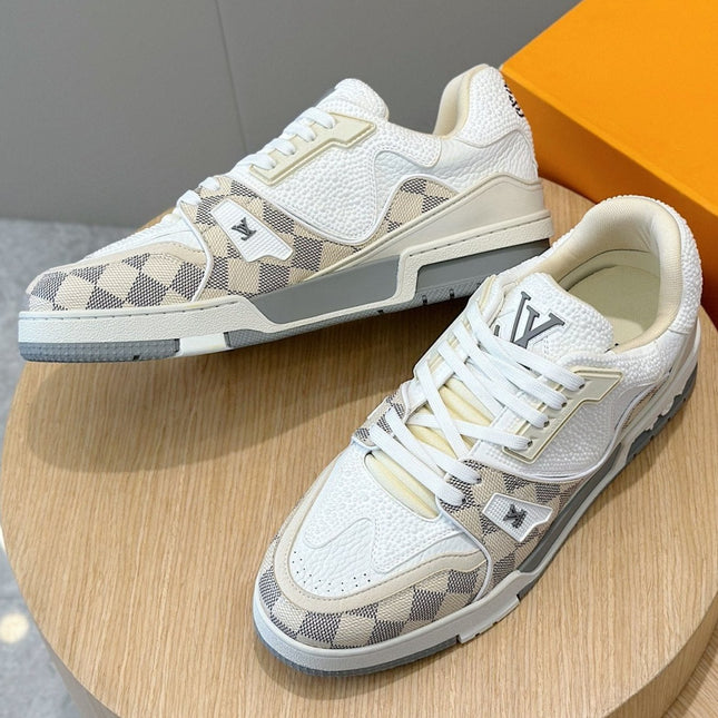 LV TRAINER BEIGE CREAM DAMIER MIX WHITE GRAINED CALFSKIN