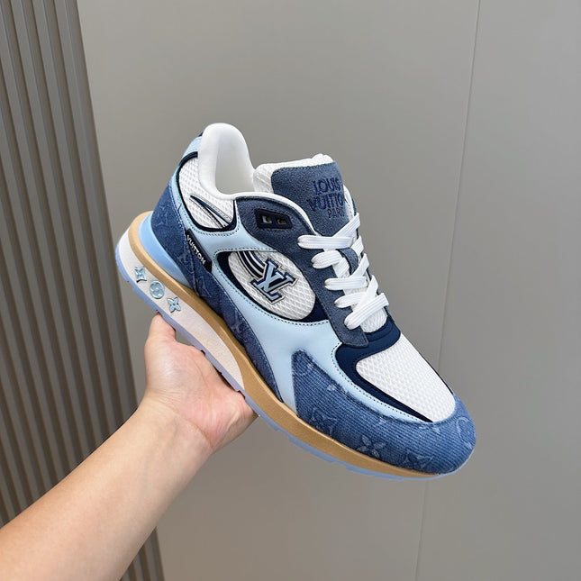 LV RUN AWAY SNEAKERS IN CERULEAN BLUE MESH FABRIC AND SUEDE