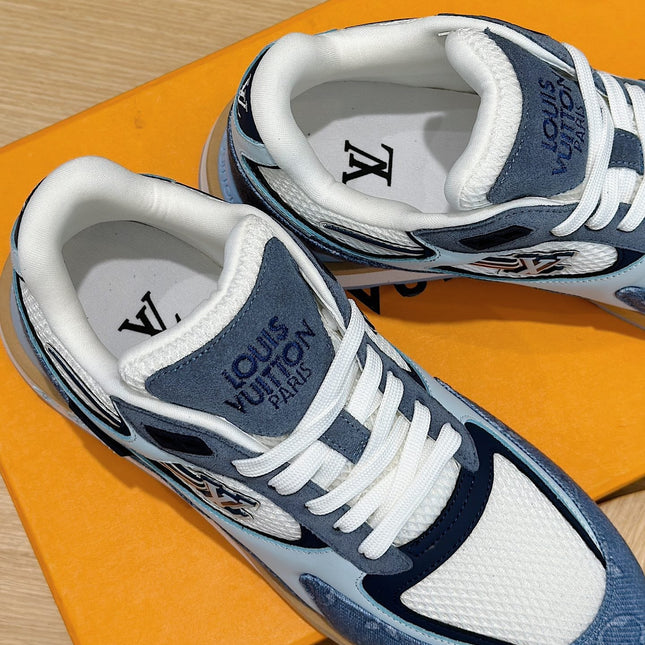 LV RUN AWAY SNEAKERS IN CERULEAN BLUE MESH FABRIC AND SUEDE