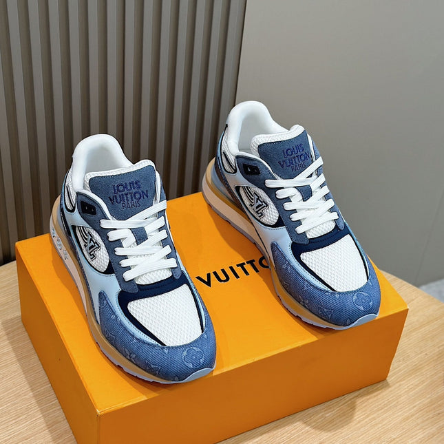 LV RUN AWAY SNEAKERS IN CERULEAN BLUE MESH FABRIC AND SUEDE