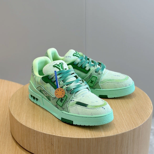 LV TRAINER SNEAKER LIGHT GREEN MONOGRAM DENIM AND CALFSKIN