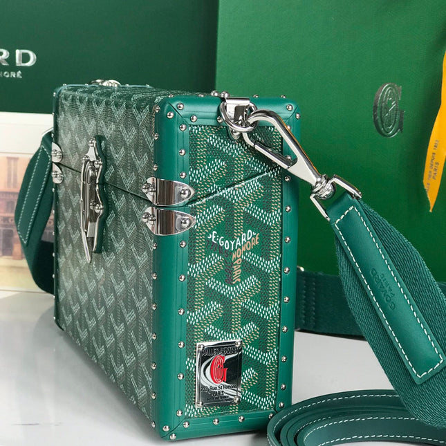 CASSETTE TRUNK BAG 21 IN GREEN GOYARDINE CANVAS & CLAMECY COWHIDE