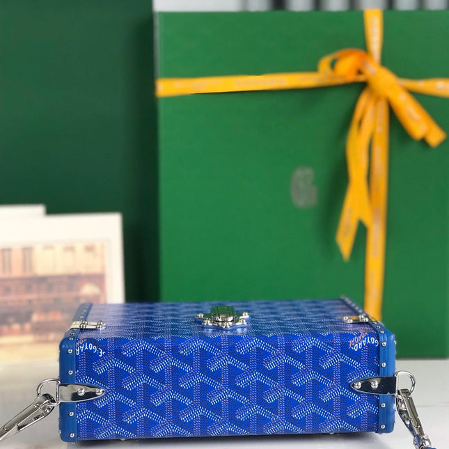 CASSETTE TRUNK BAG 21 IN BLUE GOYARDINE CANVAS & CLAMECY COWHIDE
