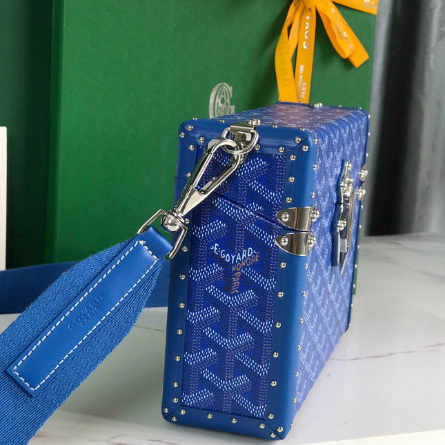 CASSETTE TRUNK BAG 21 IN BLUE GOYARDINE CANVAS & CLAMECY COWHIDE