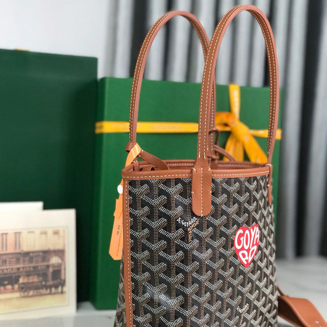 ANJOU MINI BAG 20 IN TAN CALFSKIN AND BLACK GOYARDINE CANVAS