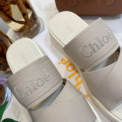 WOODY WEDGE SANDALS IN DOVE GREY CANVAS WITH WHITE RUBBER SOLE