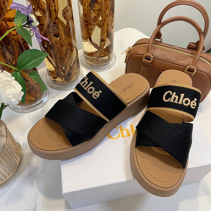 WOODY WEDGE SANDALS IN BLACK CANVAS WITH CIDER BROWN RUBBER SOLE