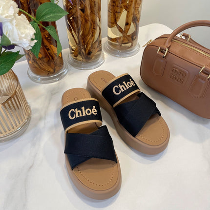 WOODY WEDGE SANDALS IN BLACK CANVAS WITH CIDER BROWN RUBBER SOLE