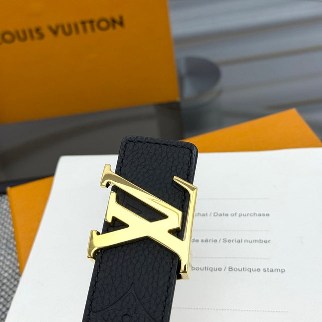 LV INITIALES BELT REVERSIBLE 30MM IN BLACK GRAINED CALFSKIN EMBOSSED LOGO GOLD BUCKLE