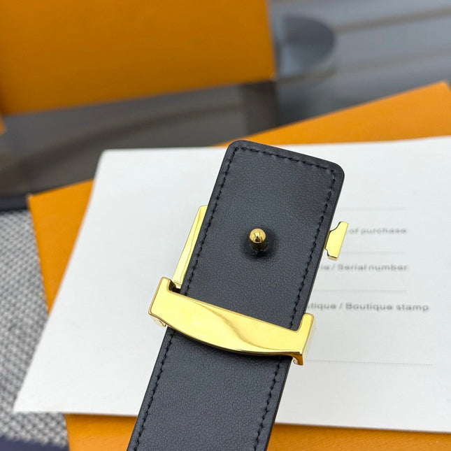 LV INITIALES BELT REVERSIBLE 30MM IN BLACK GRAINED CALFSKIN EMBOSSED LOGO GOLD BUCKLE