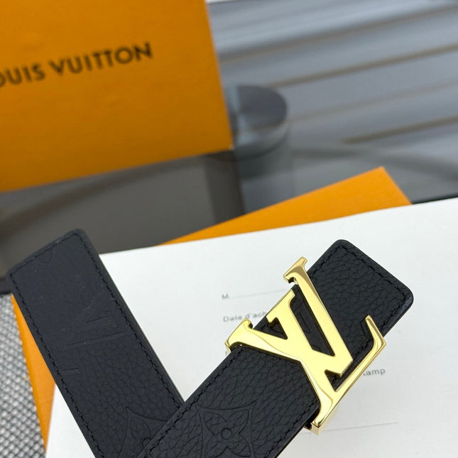 LV INITIALES BELT REVERSIBLE 30MM IN BLACK GRAINED CALFSKIN EMBOSSED LOGO GOLD BUCKLE