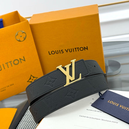 LV INITIALES BELT REVERSIBLE 30MM IN BLACK GRAINED CALFSKIN EMBOSSED LOGO GOLD BUCKLE