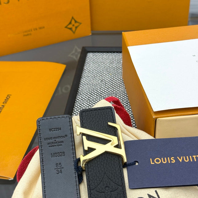 LV INITIALES BELT REVERSIBLE 30MM IN BLACK GRAINED CALFSKIN EMBOSSED LOGO GOLD BUCKLE