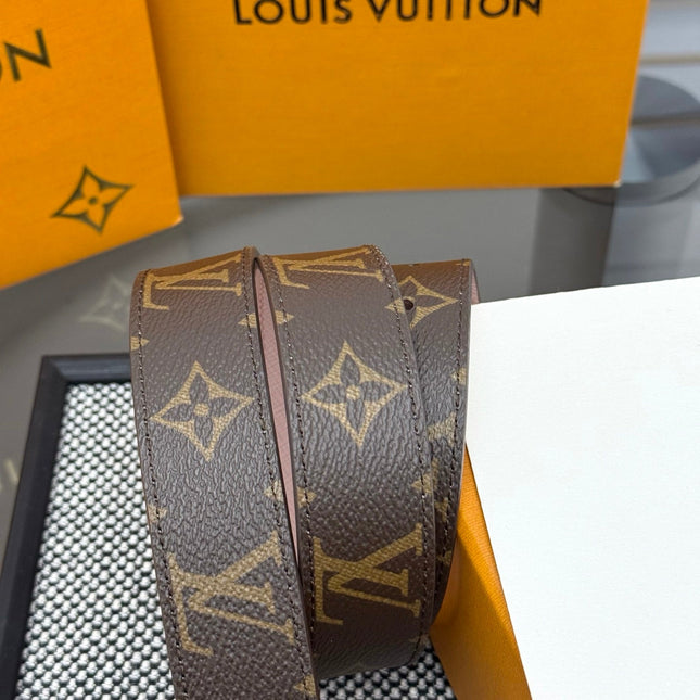 LV INITIALES BELT REVERSIBLE 30MM IN BROWN AND LIGHT PINK GRAINED CALFSKIN GOLD BUCKLE