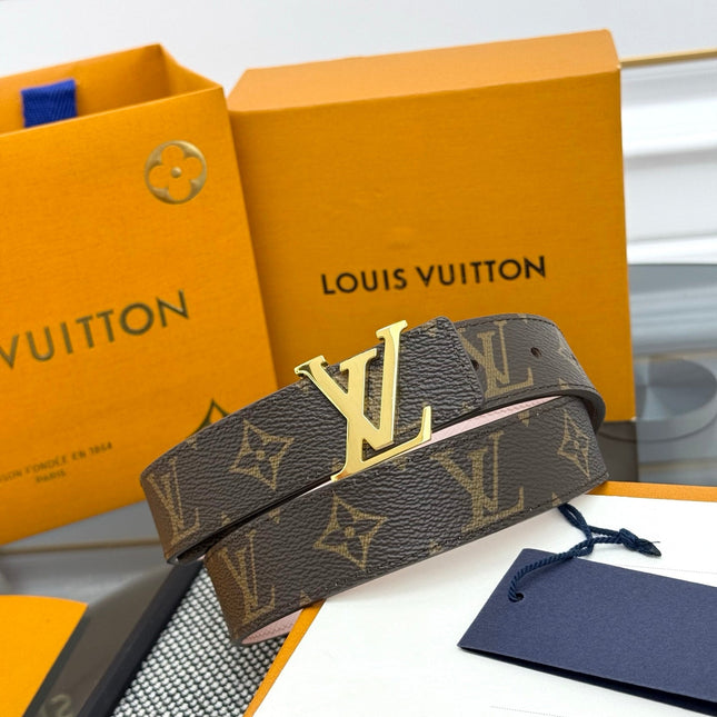 LV INITIALES BELT REVERSIBLE 30MM IN BROWN AND LIGHT PINK GRAINED CALFSKIN GOLD BUCKLE