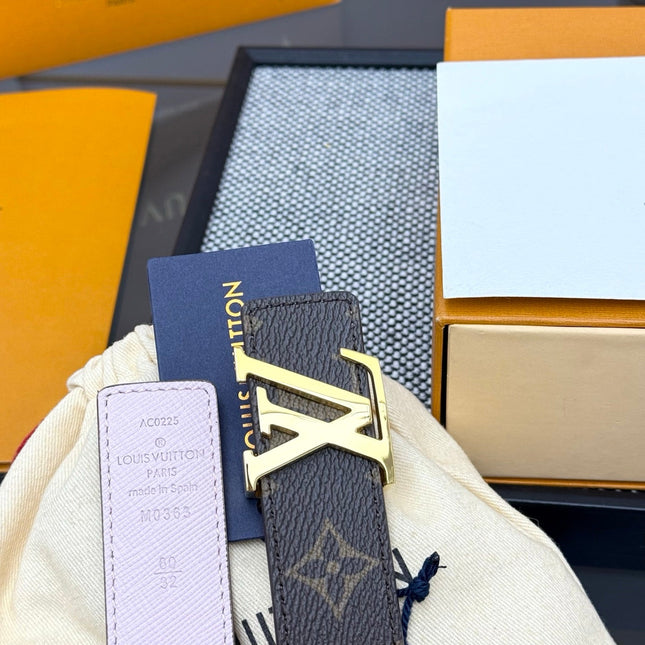 LV INITIALES BELT REVERSIBLE 30MM IN BROWN AND LIGHT PINK GRAINED CALFSKIN GOLD BUCKLE