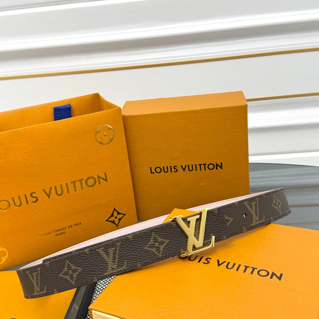LV INITIALES BELT REVERSIBLE 30MM IN BROWN AND LIGHT PINK GRAINED CALFSKIN GOLD BUCKLE