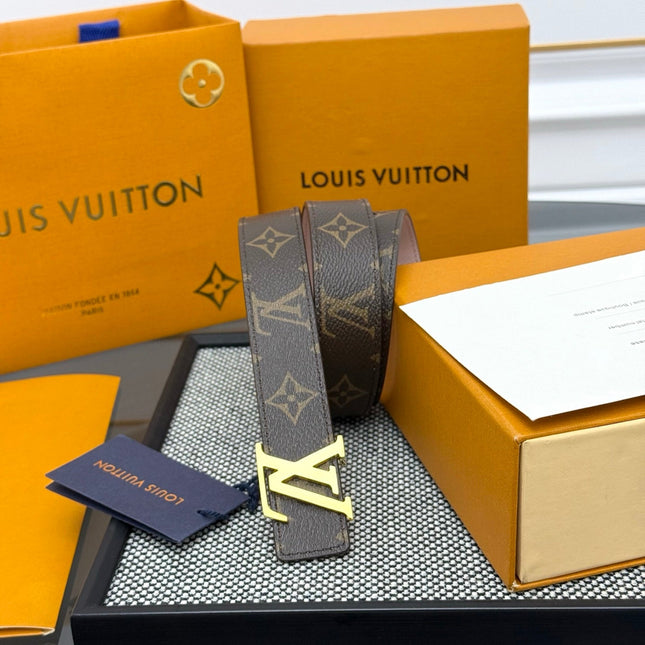 LV INITIALES BELT REVERSIBLE 30MM IN BROWN AND LIGHT PINK GRAINED CALFSKIN GOLD BUCKLE