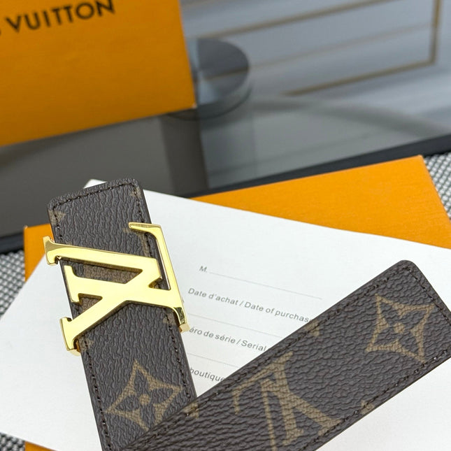 LV INITIALES BELT REVERSIBLE 30MM IN BROWN AND LIGHT PINK GRAINED CALFSKIN GOLD BUCKLE