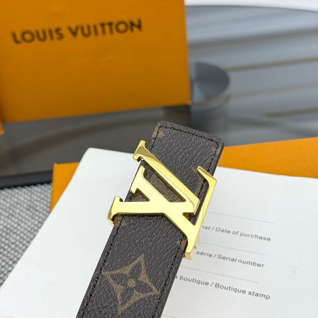LV INITIALES BELT REVERSIBLE 30MM IN BROWN AND LIGHT PINK GRAINED CALFSKIN GOLD BUCKLE