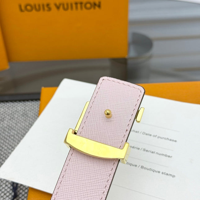 LV INITIALES BELT REVERSIBLE 30MM IN BROWN AND LIGHT PINK GRAINED CALFSKIN GOLD BUCKLE