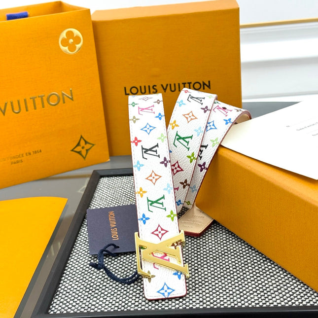 LV INITIALES BELT REVERSIBLE 30MM IN WHITE MULTICOLOR LOGO AND IVORY GRAINED CALFSKIN GOLD BUCKLE