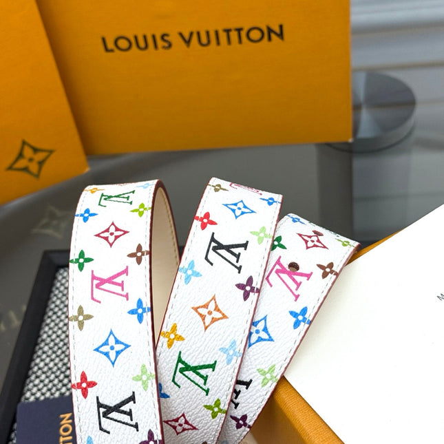 LV INITIALES BELT REVERSIBLE 30MM IN WHITE MULTICOLOR LOGO AND IVORY GRAINED CALFSKIN GOLD BUCKLE