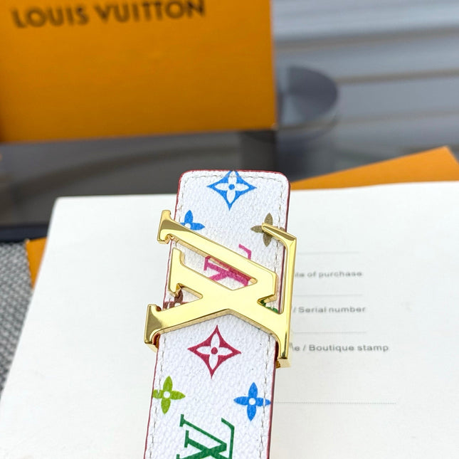 LV INITIALES BELT REVERSIBLE 30MM IN WHITE MULTICOLOR LOGO AND IVORY GRAINED CALFSKIN GOLD BUCKLE